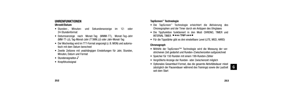 Timex W254 509-095002-02 user manual Uhrenfunktionen, Uhrzeit/Datum, TapScreen Technologie, Chronograph, Seit dem Start 