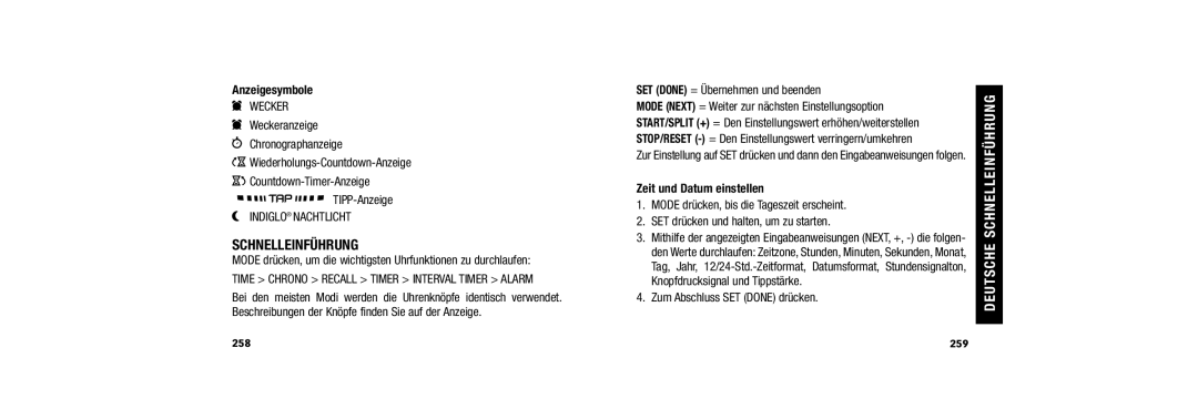 Timex W254 509-095002-02 user manual Deutsche Schnelleinführung, Anzeigesymbole, Zeit und Datum einstellen 