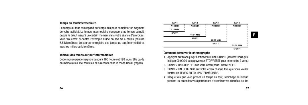 Timex W254 Temps au tour/intermédiaire, Tableau des temps au tour/intermédiaires, Comment démarrer le chronographe 