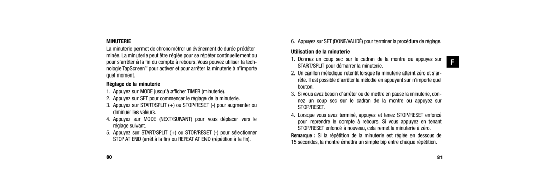 Timex W254 Minuterie, Réglage de la minuterie, Utilisation de la minuterie, START/SPLIT pour démarrer la minuterie 