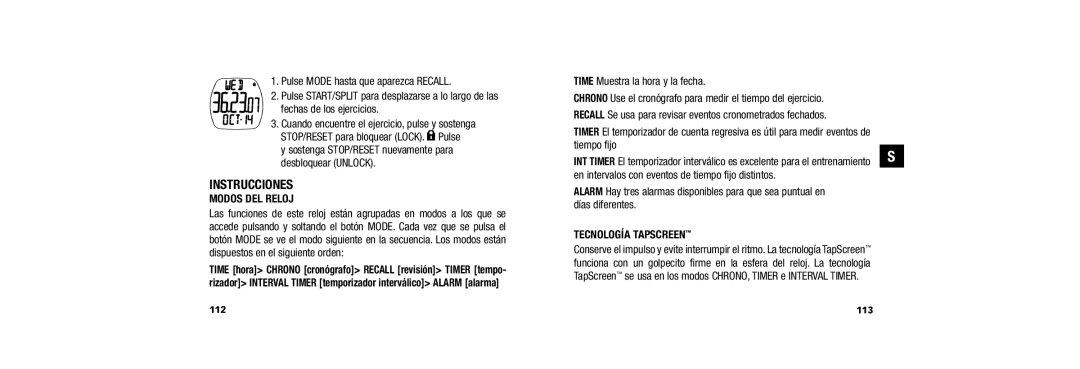 Timex W254 user manual Instrucciones, Modos DEL Reloj, Tiempo fijo, Tecnología Tapscreen, 113 