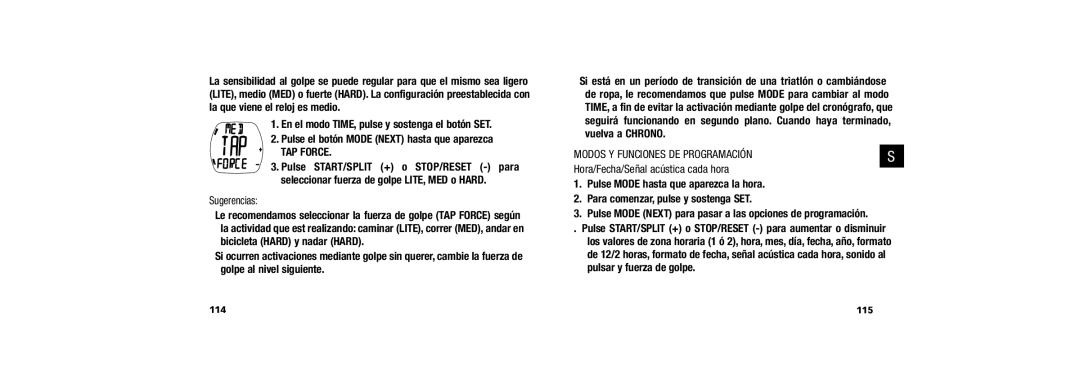 Timex W254 user manual Sugerencias, Modos Y Funciones DE Programación, Hora/Fecha/Señal acústica cada hora, 115 