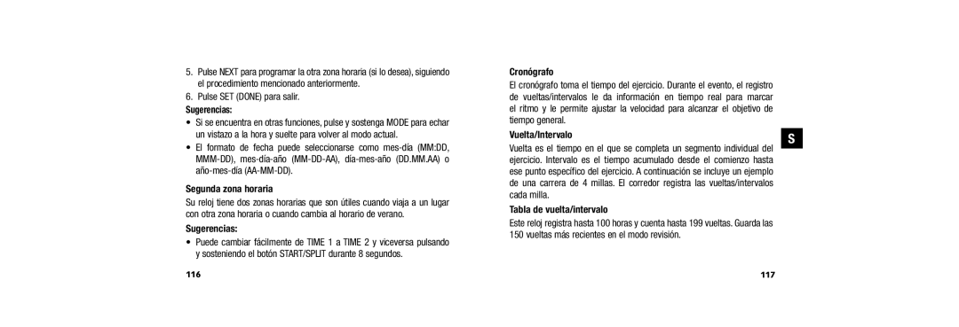 Timex W254 user manual Segunda zona horaria, Vuelta/Intervalo, Tabla de vuelta/intervalo, 117 