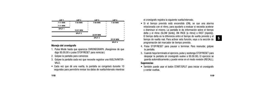 Timex W254 user manual Manejo del cronógrafo, El cronógrafo registra la siguiente vuelta/intervalo, 119 