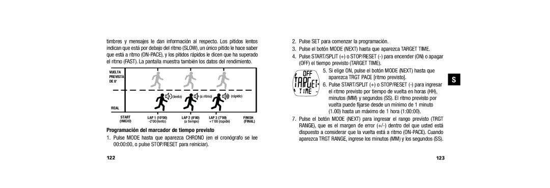 Timex W254 user manual Programación del marcador de tiempo previsto, Aparezca Trgt Pace ritmo previsto, 123 