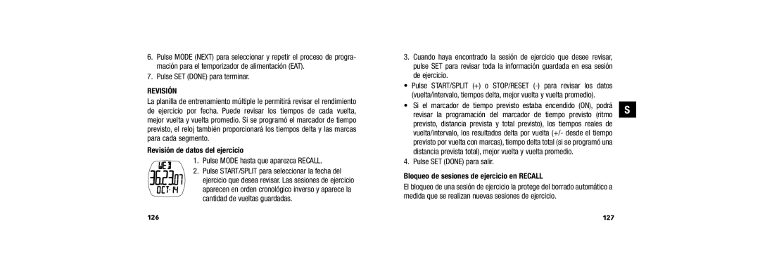 Timex W254 Pulse SET Done para terminar, Revisión de datos del ejercicio, Pulse Mode hasta que aparezca Recall 