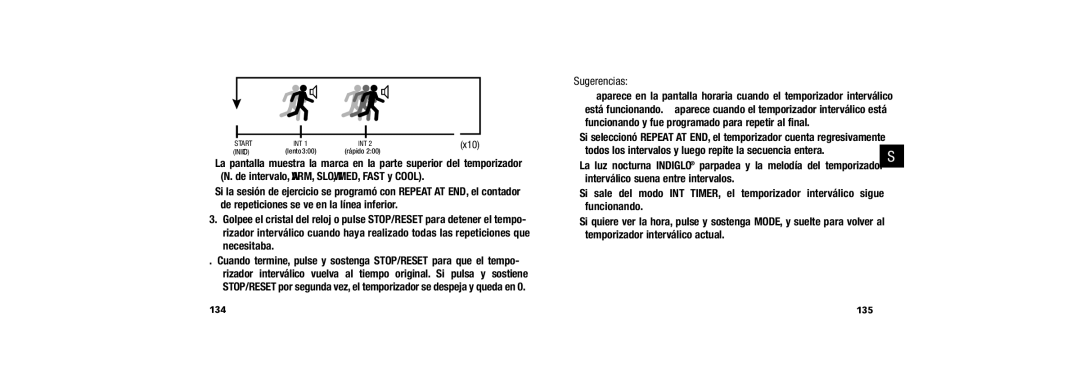 Timex W254 user manual Todos los intervalos y luego repite la secuencia entera, Temporizador interválico actual, 135 