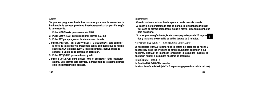 Timex W254 user manual Alarma, Dos y la alarma de respaldo se activa después de 5 minutos, Función NIGHT-MODE 