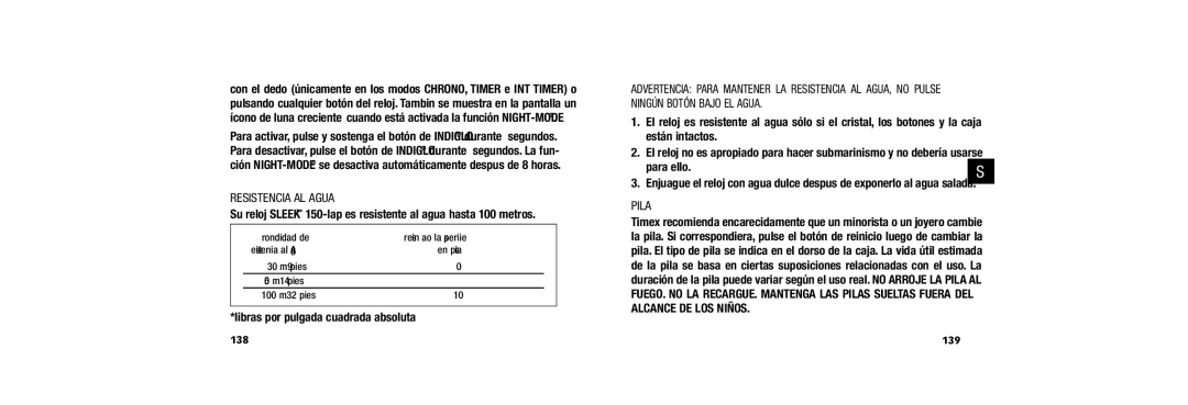 Timex W254 user manual Resistencia AL Agua, Libras por pulgada cuadrada absoluta, Para ello, Pila, 139 