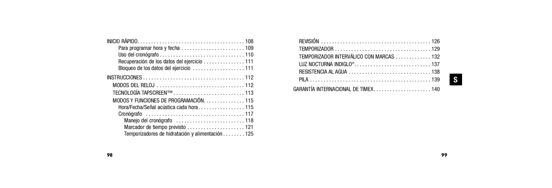 Timex W254 user manual 126, 129, 132, 137, 138, 139 