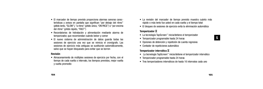 Timex W254 user manual Revisión, Temporizador H, Temporizador interválico H, 105 