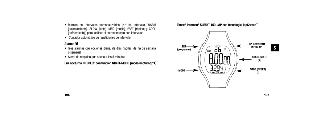 Timex W254 user manual Contador automático de repeticiones de intervalo, Alarma d, 107 