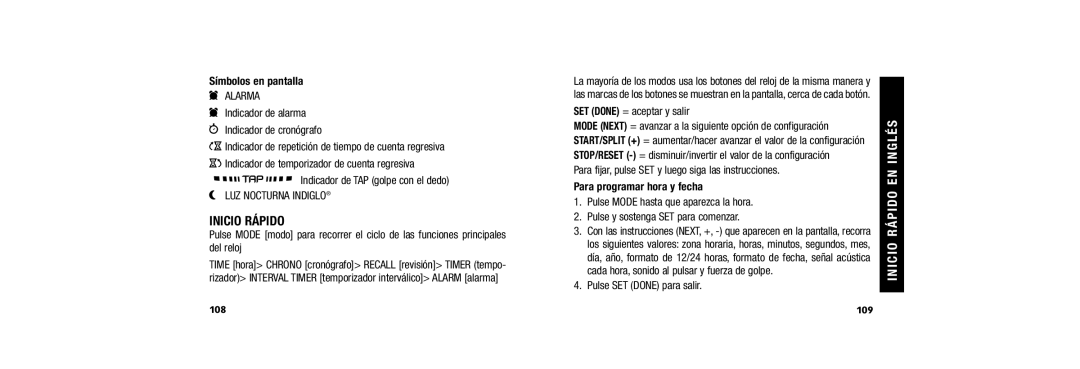 Timex W254 user manual Inicio Rápido, Símbolos en pantalla, Para programar hora y fecha 