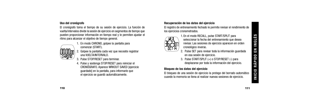 Timex W254 Uso del cronógrafo, El ejercicio se guardó automáticamente, Recuperación de los datos del ejercicio, 111 