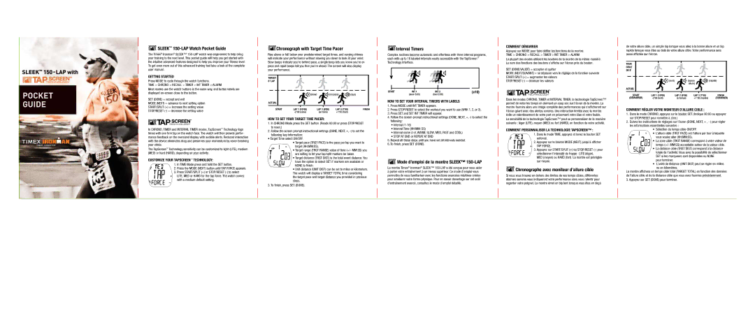 Timex W254 user manual Sleek 150-LAP Watch Pocket Guide, Chronograph with Target Time Pacer, Interval Timers 
