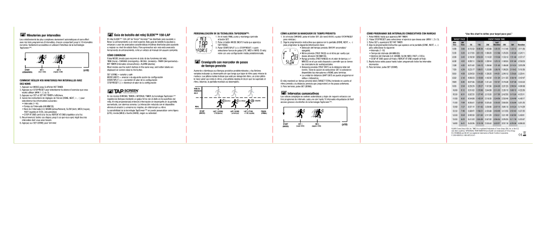 Timex W254 user manual Minuteries par intervalles, Guía de bolsillo del reloj Sleek 150-LAP, Intervalos consecutivos 