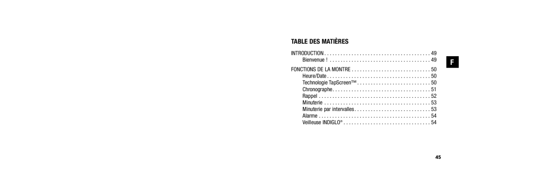 Timex W254 user manual Table Des Matières 