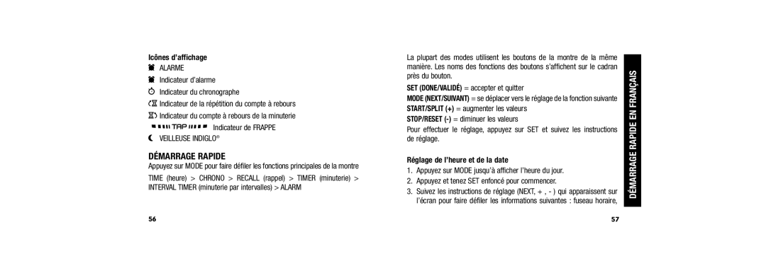 Timex W254 user manual Démarrage Rapide En Français, Icônes d’affichage, Réglage de l’heure et de la date 