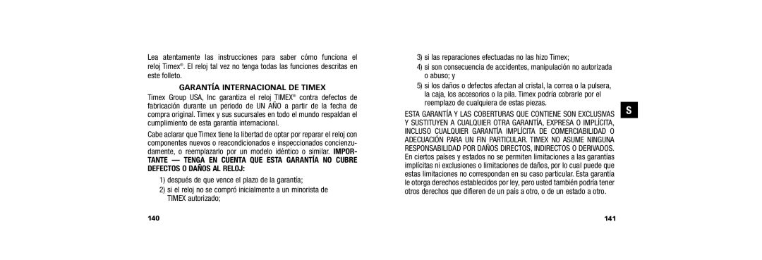 Timex W254 user manual Garantía Internacional De Timex 