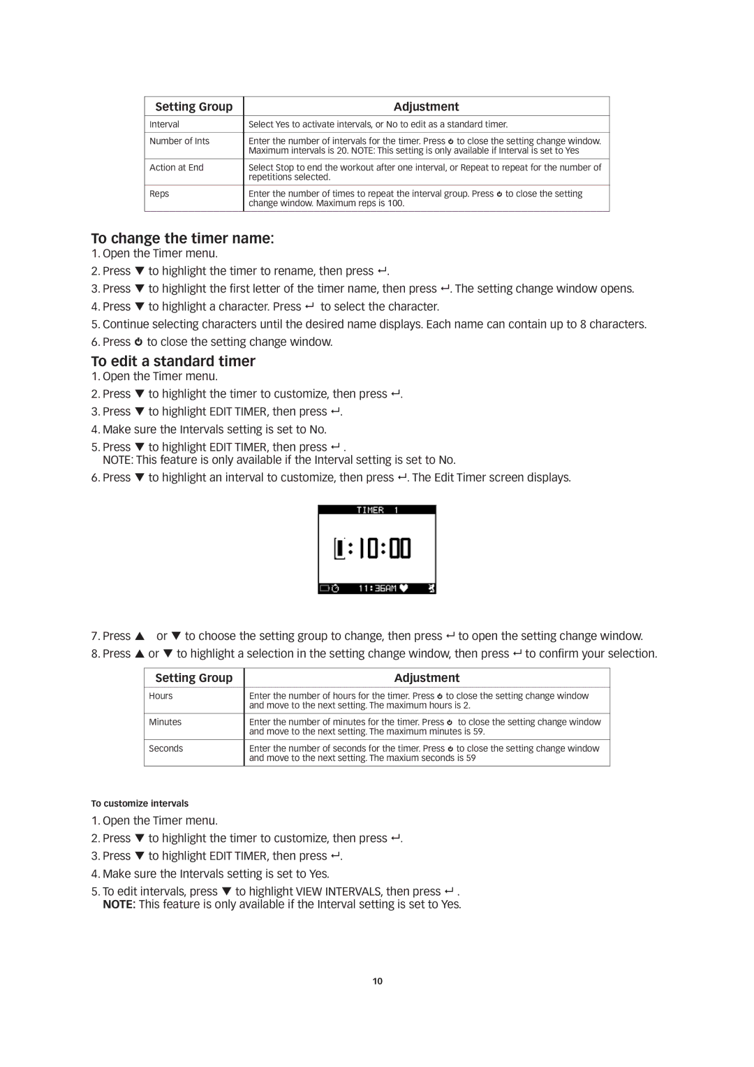 Timex W260 manual To change the timer name, To edit a standard timer 