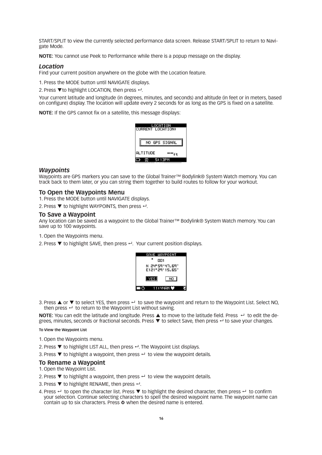 Timex W260 manual Location, To Open the Waypoints Menu, To Save a Waypoint 