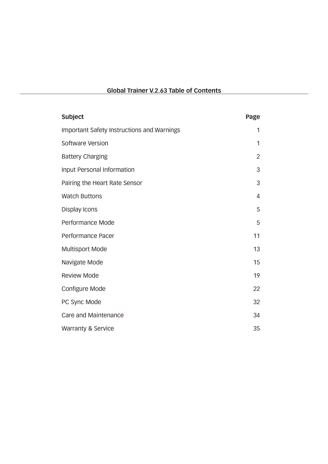 Timex W260 manual Global Trainer V.2.63 Table of Contents Subject 