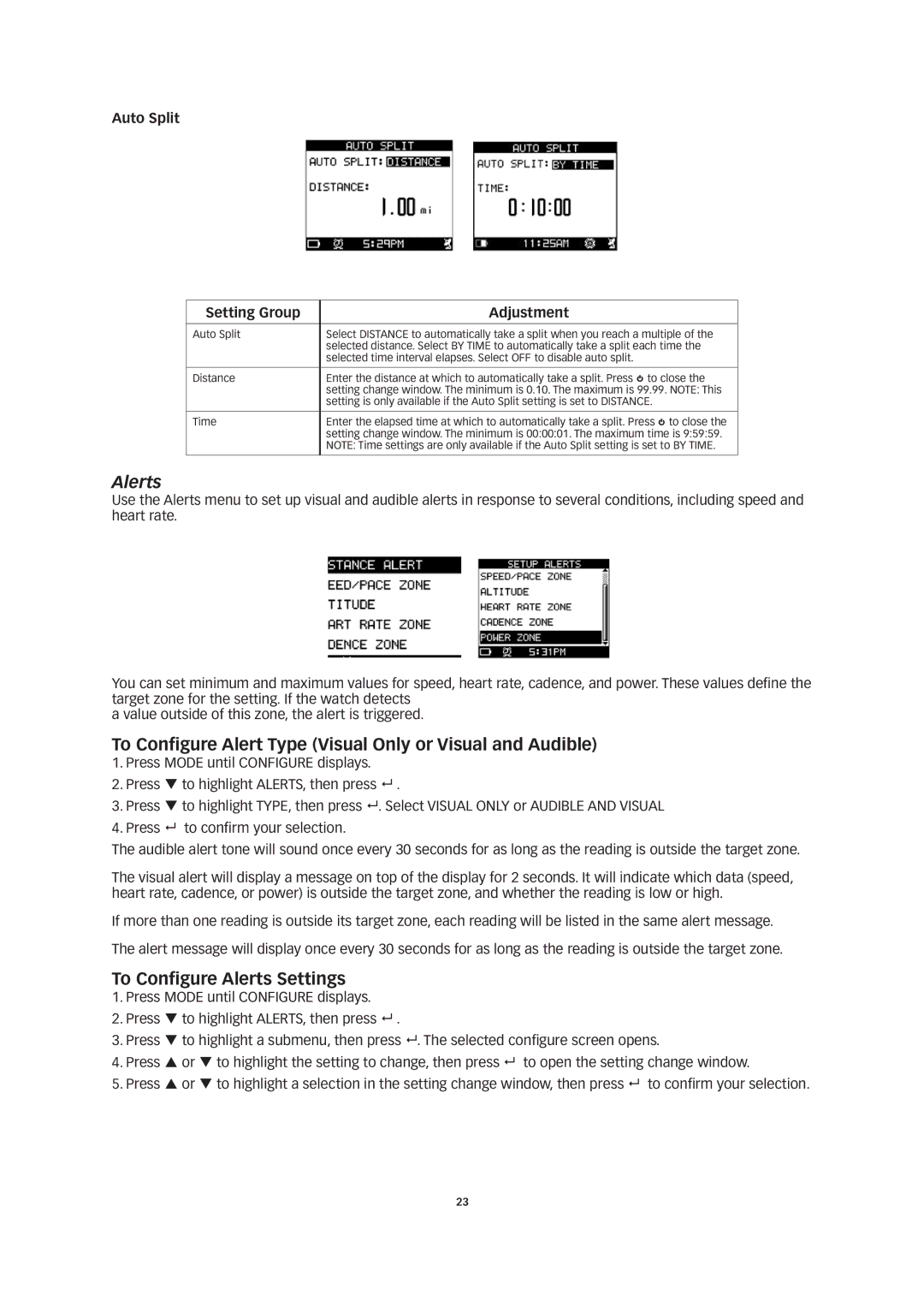 Timex W260 manual To Configure Alert Type Visual Only or Visual and Audible, To Configure Alerts Settings 