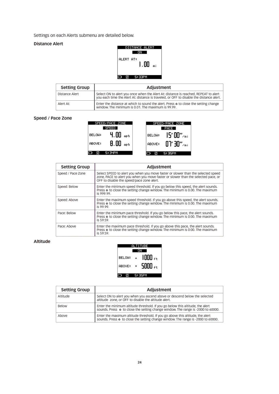 Timex W260 manual Distance Alert Setting Group Adjustment, Speed / Pace Zone Setting Group Adjustment 