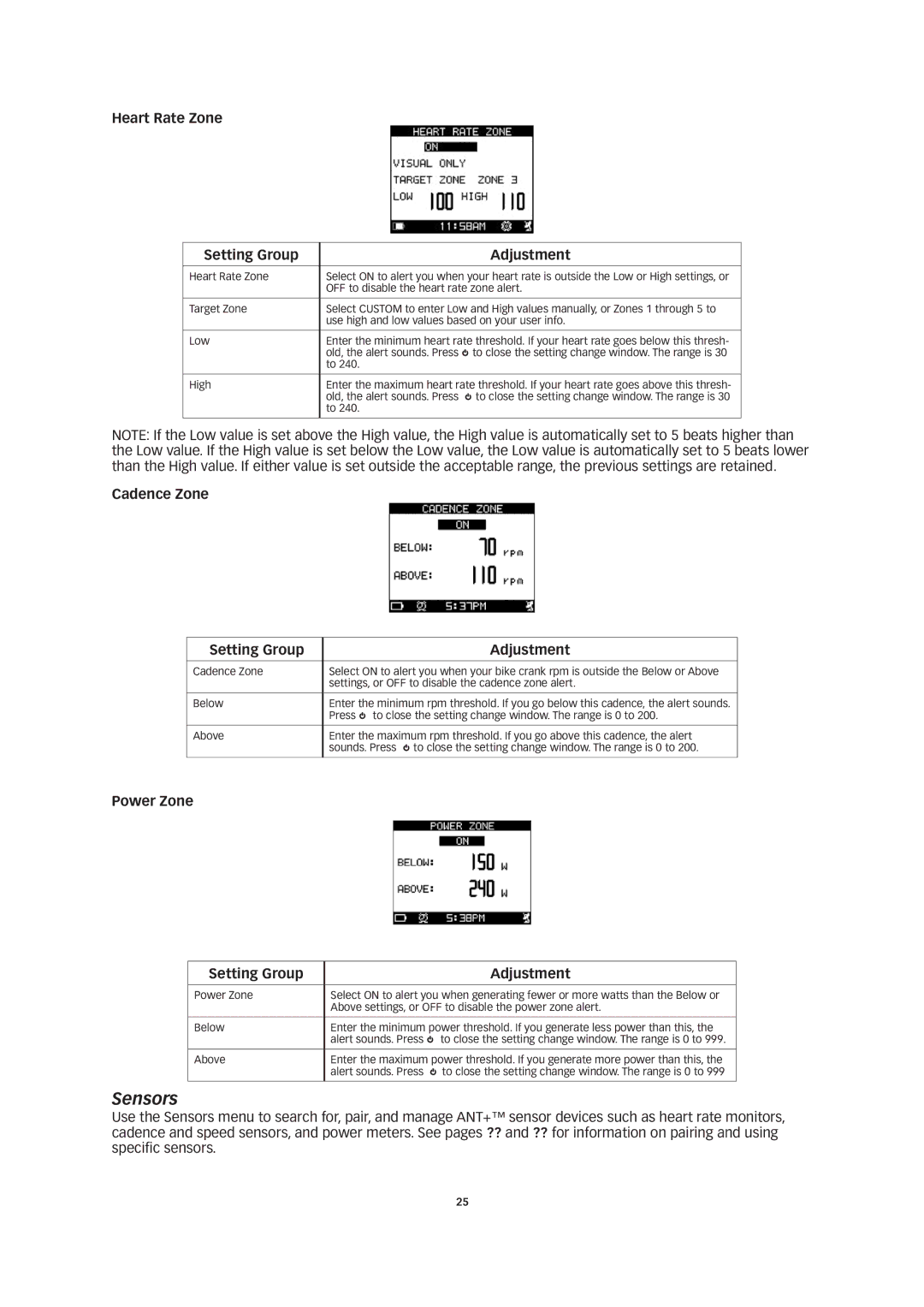 Timex W260 manual Sensors, Heart Rate Zone Setting Group Adjustment, Cadence Zone Setting Group Adjustment 