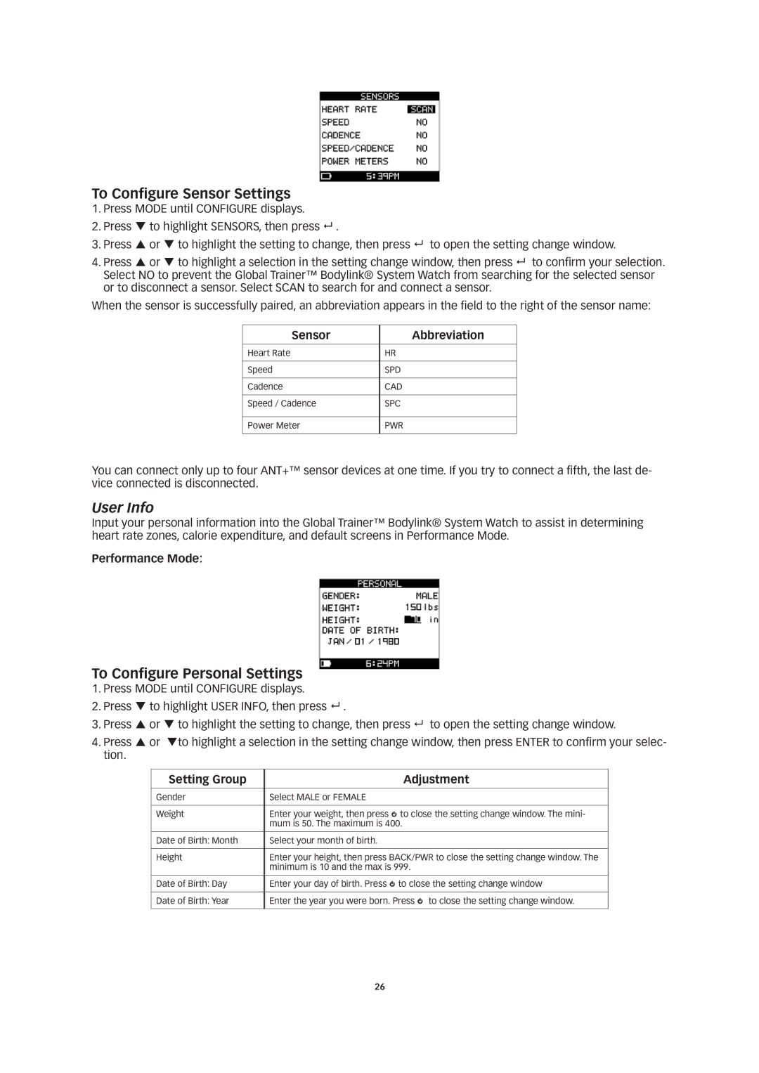 Timex W260 To Configure Sensor Settings, User Info, To Configure Personal Settings, Sensor Abbreviation, Performance Mode 