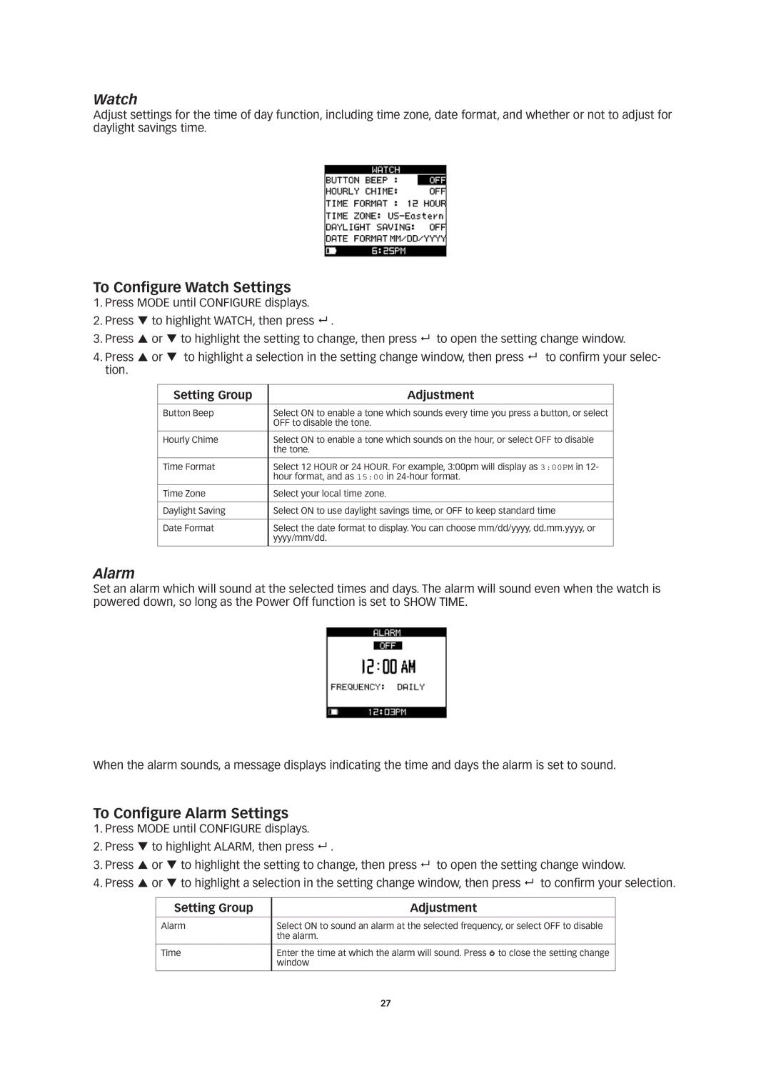 Timex W260 manual To Configure Watch Settings, To Configure Alarm Settings 