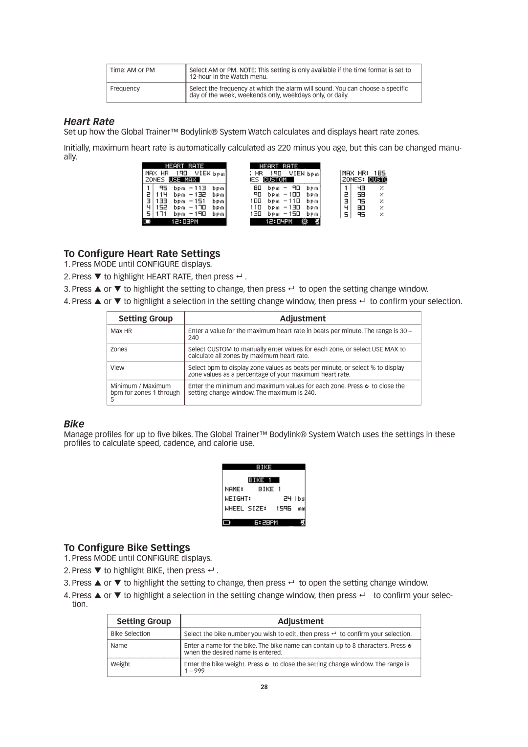 Timex W260 manual To Configure Heart Rate Settings, To Configure Bike Settings 