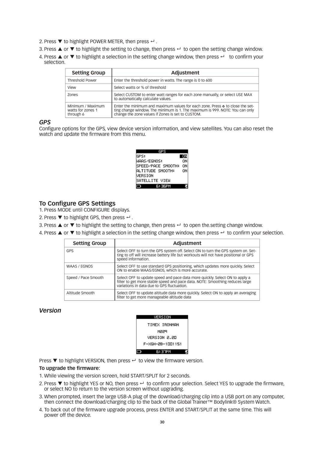 Timex W260 manual To Configure GPS Settings, Version, To upgrade the firmware 