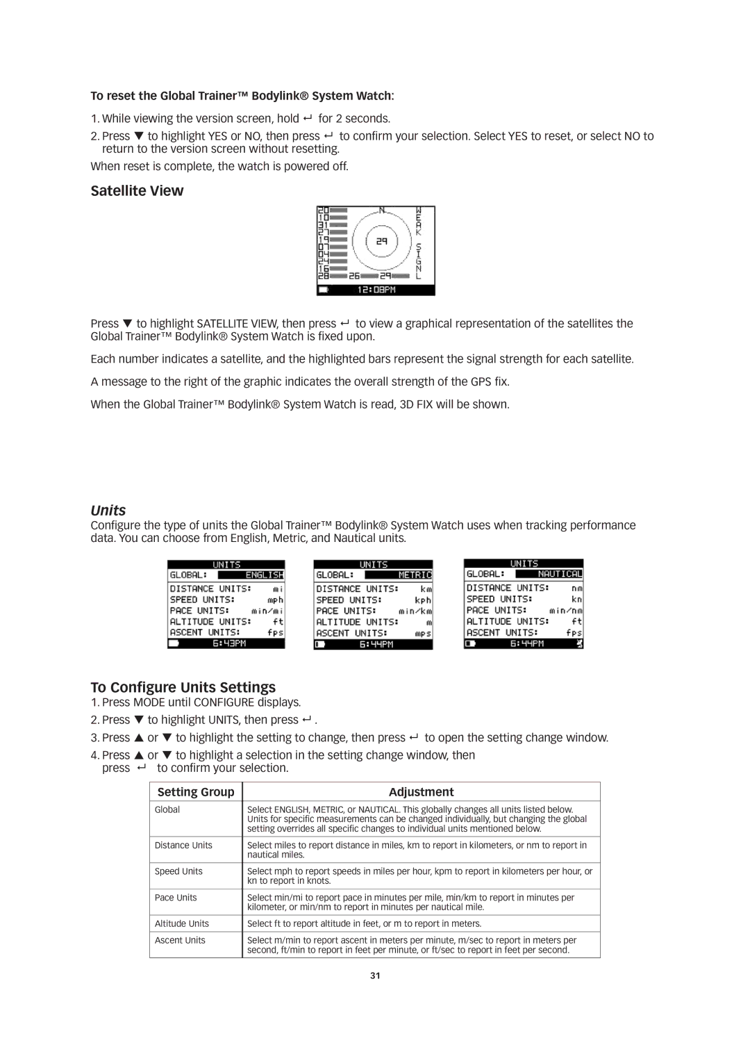 Timex W260 manual Satellite View, To Configure Units Settings, To reset the Global Trainer Bodylink System Watch 