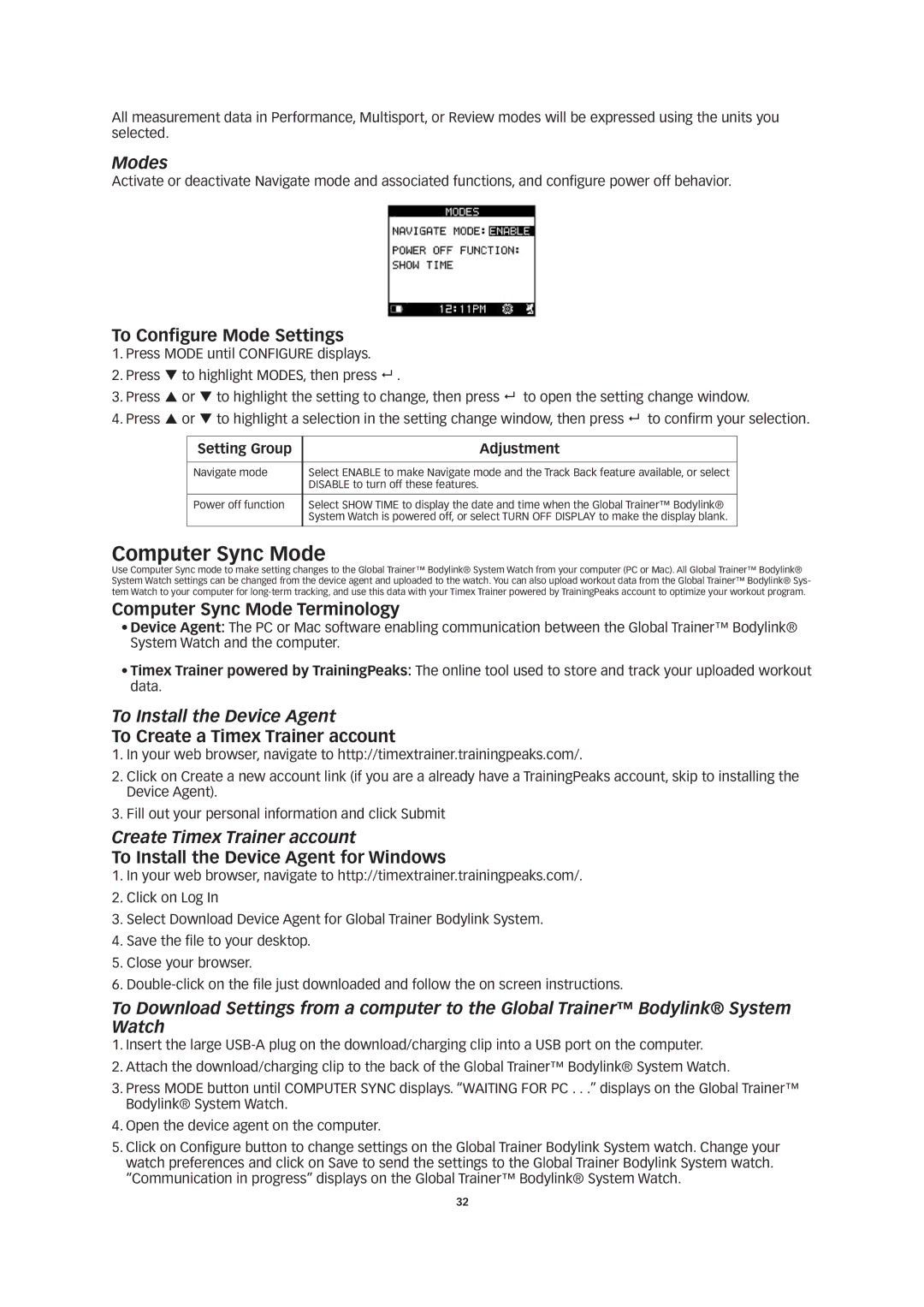 Timex W260 manual Computer Sync Mode, Modes, To Install the Device Agent, Create Timex Trainer account 