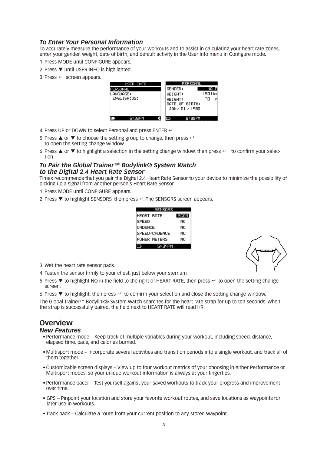 Timex W260 manual Overview, To Enter Your Personal Information, New Features 