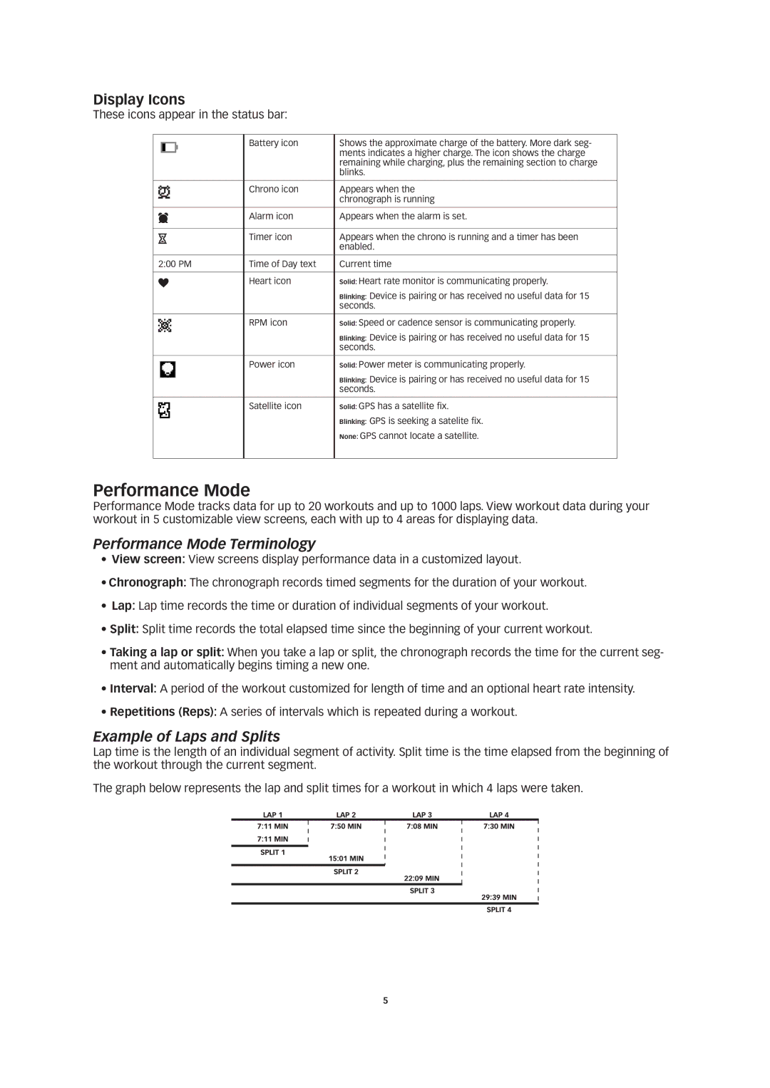 Timex W260 manual Display Icons, Performance Mode Terminology, Example of Laps and Splits 