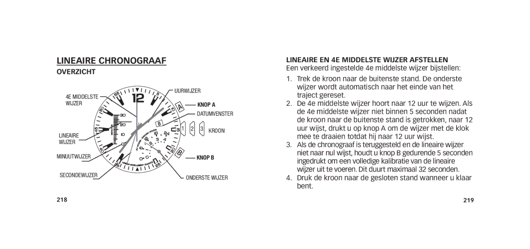 Timex W273 EU1 355-095009-02 manual Lineaire Chronograaf, Overzicht Lineaire EN 4E Middelste Wijzer Afstellen 