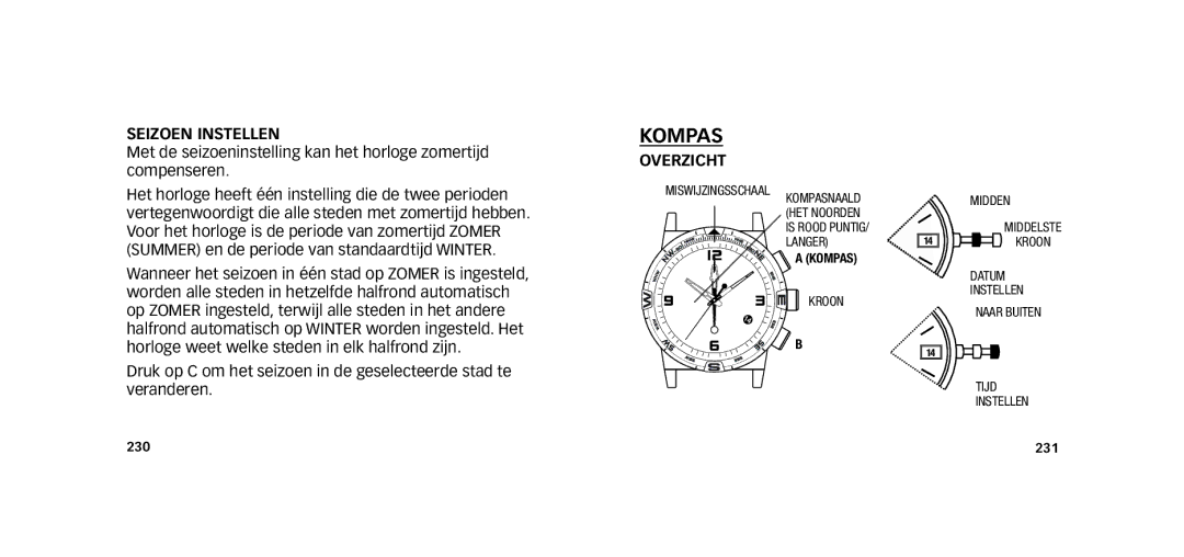 Timex W273 EU1 355-095009-02 manual Kompas, SEIzOEN Instellen, OVErzICHT 