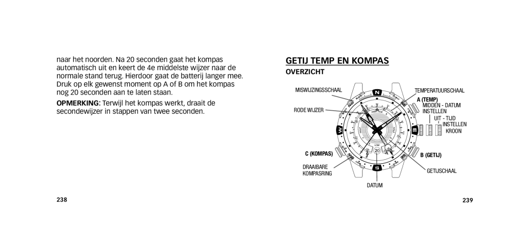 Timex W273 EU1 355-095009-02 manual GETIj Temp EN Kompas, OVErzICHT 