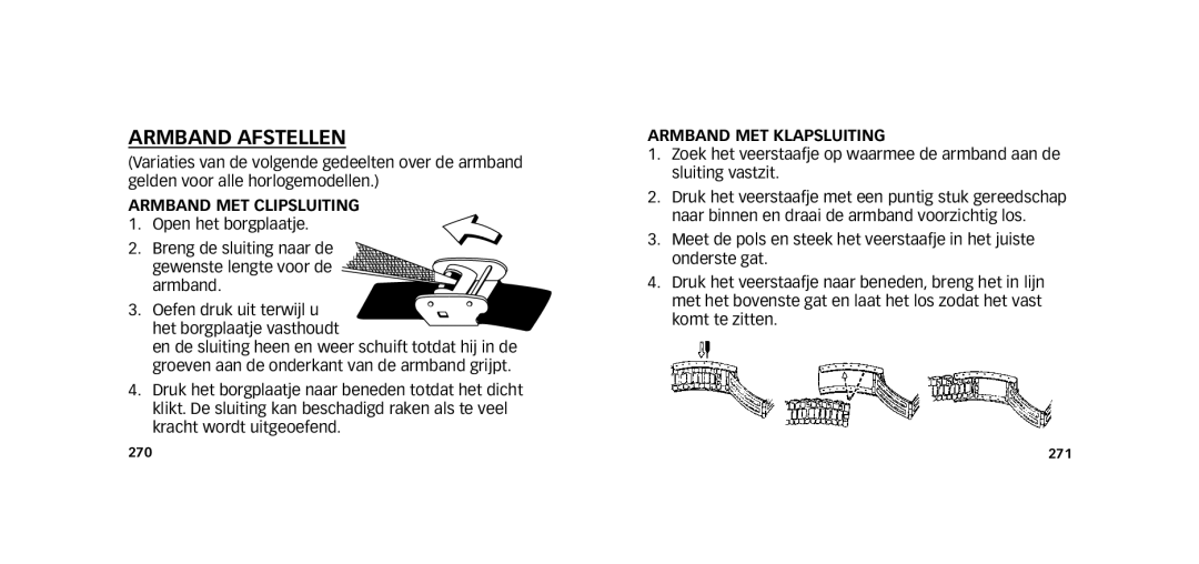Timex W273 EU1 355-095009-02 manual Armband afstellen, Armband MET Clipsluiting, Armband met klapsluiting 