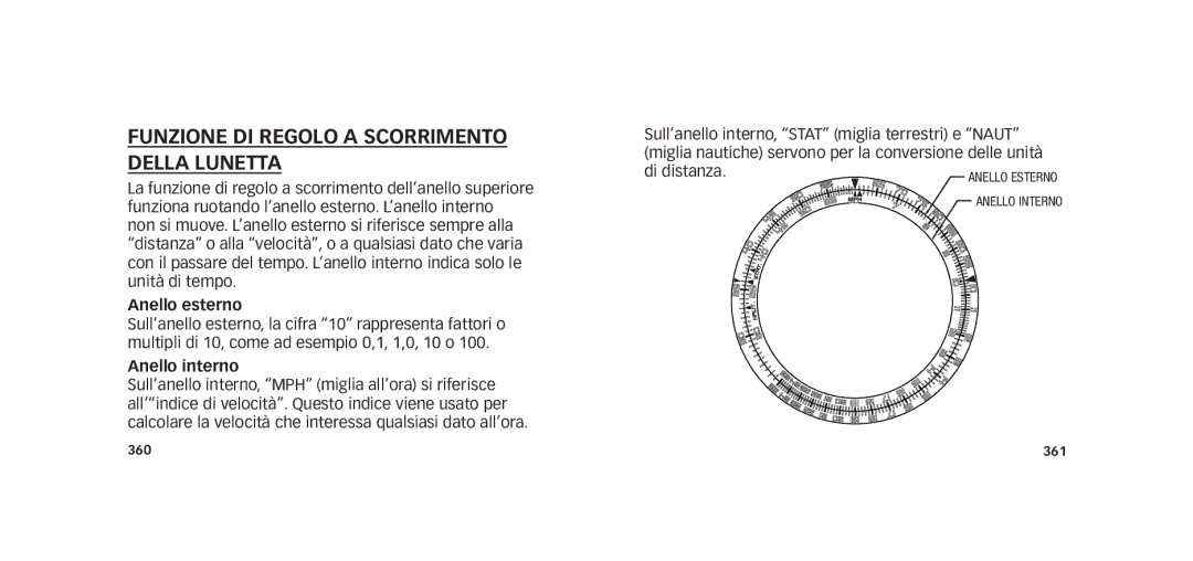 Timex W273 EU1 355-095009-02 manual Funzione di regolo a scorrimento della lunetta, Anello esterno, Anello interno 