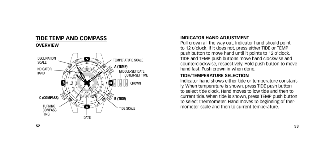 Timex W273 EU1 355-095009-02 manual Tide Temp and Compass, INDICATOr Hand ADjuSTMENT, TIDE/TEMPErATurE Selection 