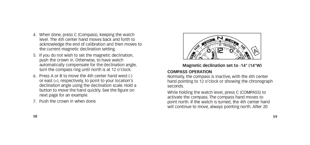 Timex W273 EU1 355-095009-02 manual Magnetic declination set to -14 14W Compass OPErATION 