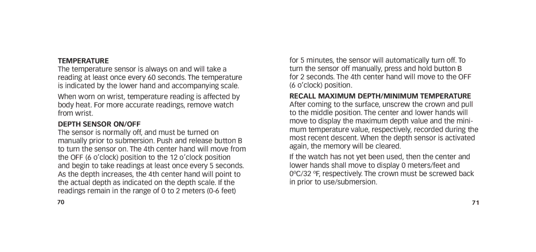 Timex W273 EU1 355-095009-02 manual Temperature, Depth Sensor On/Off 