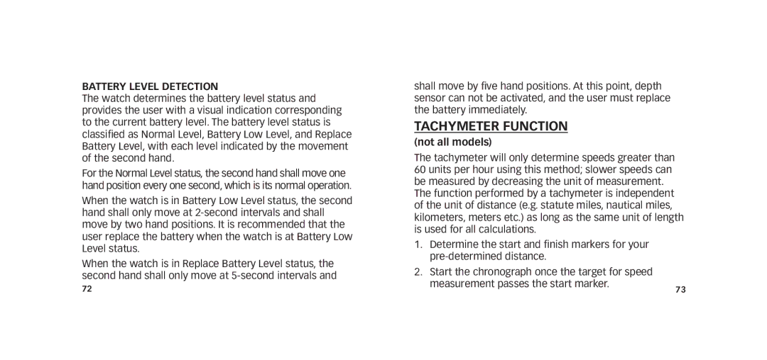 Timex W273 EU1 355-095009-02 manual Tachymeter Function, Battery Level Detection, Not all models 