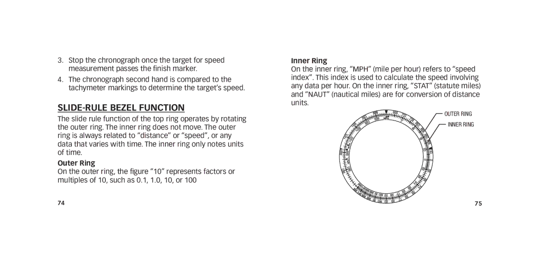 Timex W273 EU1 355-095009-02 manual Slide-Rule Bezel Function, Outer Ring, Inner Ring 