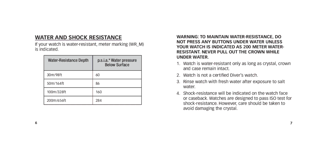 Timex W273 EU1 355-095009-02 manual Water and Shock Resistance 