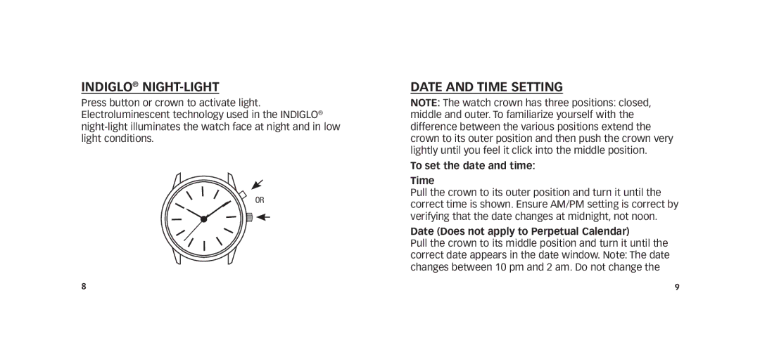 Timex W273 EU1 355-095009-02 manual Indiglo Night-Light, Date and Time Setting, To set the date and time Time 