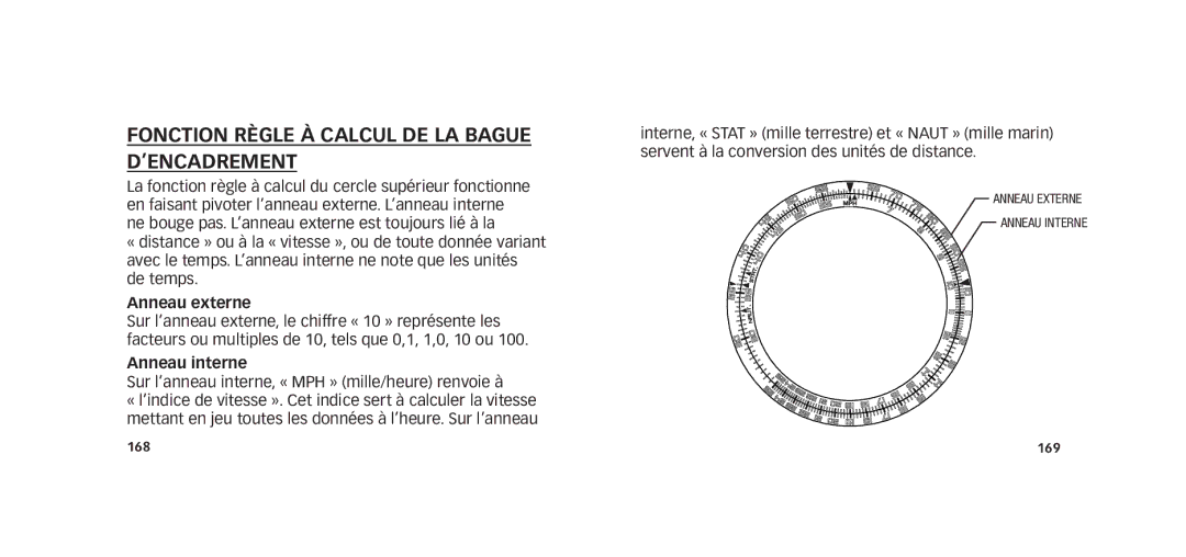 Timex W273 EU1 355-095009-02 manual Fonction Règle à Calcul de la Bague D’Encadrement, Anneau externe, Anneau interne 